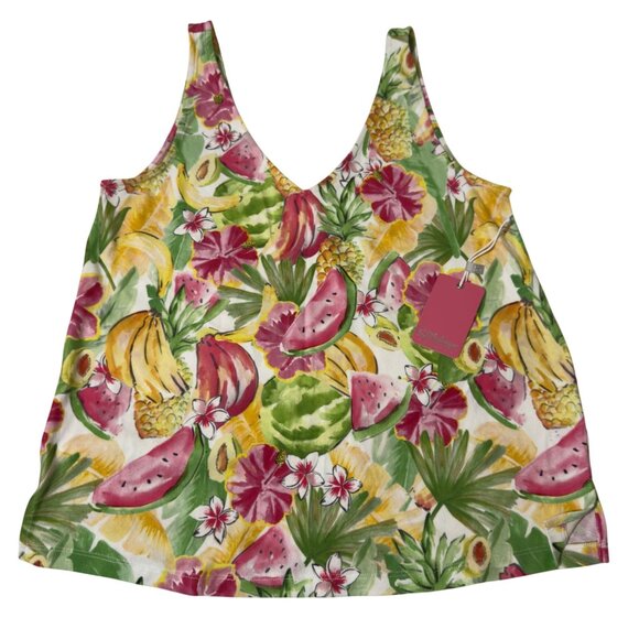 P.J. Salvage 3-Piece Tropical Fruit Print Pajama Set Tank Button-Up Top Pants S - Picture 2 of 16